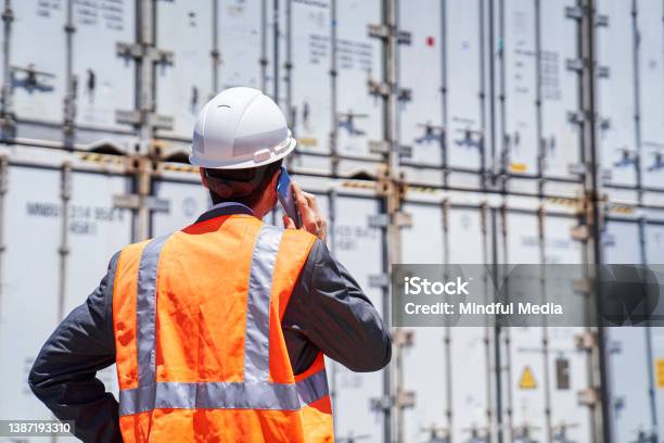 Asian American Male Customs Broker Talking On Smart Phone While Looking At Containers Stock Photo - Download Image Now