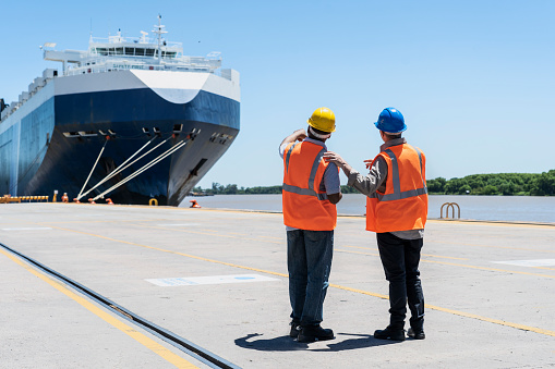 Rear view of dock control coworkers discussing work while looking at ship during daytime