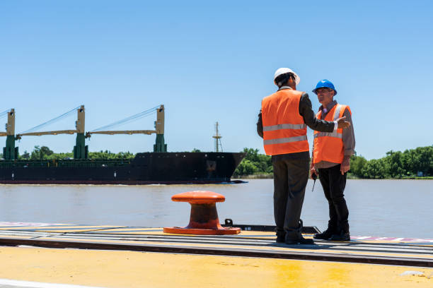 istock Male cargo handler and customs broker discussing work with cargo ship passing by on background 1387194079