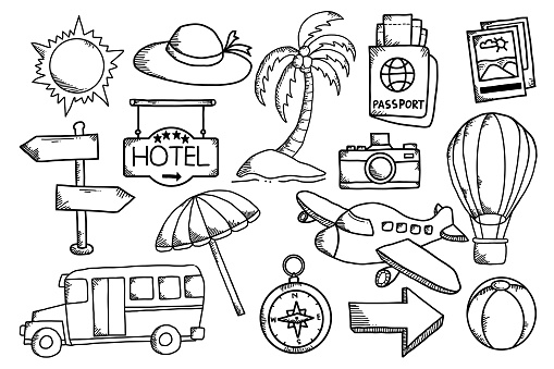travel doodle collection. hand drawn outline icon. airplane, passport, compass, camera