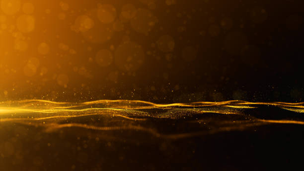 istock Abstract gold color digital particles wave flow with bokeh and lighting, Premium environment background 3d rendering 1387196349