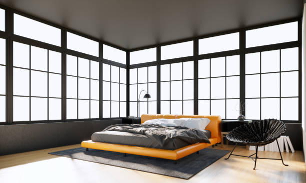 istock modern gray bedroom interior design with furniture. yellow bed. 3d rendering background 1387197331