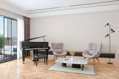 Modern Living Room Interior With Grand Piano, Velvet Armchairs And Coffee Table