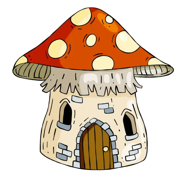 Vector illustration of Mushroom house. Fairy tale children drawing. Fabulous natural dwelling. Cute cartoon illustration