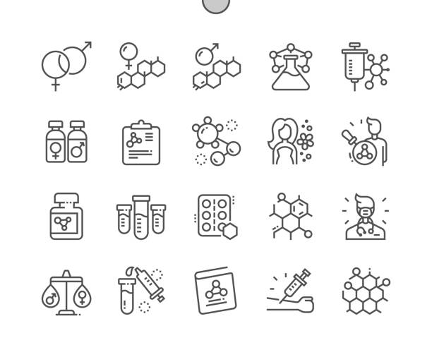 hormone. männliches weibliches geschlecht. labor- und medizinbuch. testosteron und östrogen. pixel perfect vector thin line icons. einfaches minimales piktogramm - hormone stock-grafiken, -clipart, -cartoons und -symbole