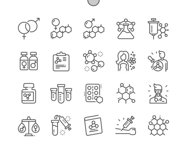 Hormones. Male female gender. Laboratory and medical book. Testosterone and estrogen. Pixel Perfect Vector Thin Line Icons. Simple Minimal Pictogram Hormones. Male female gender. Laboratory and medical book. Testosterone and estrogen. Pixel Perfect Vector Thin Line Icons. Simple Minimal Pictogram hormone stock illustrations