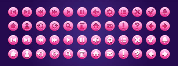 błyszczące różowe przyciski z ikonami strony internetowej lub gry - resting interface icons push button computer key stock illustrations