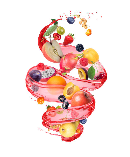 渦巻く形でジュースのしぶきを持つさまざまな果物や果実 - multifruit ストックフォトと画像