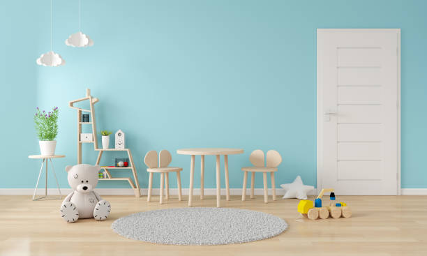 istock Chair and table in blue child room interior with copy space, 3D rendering 1387206601