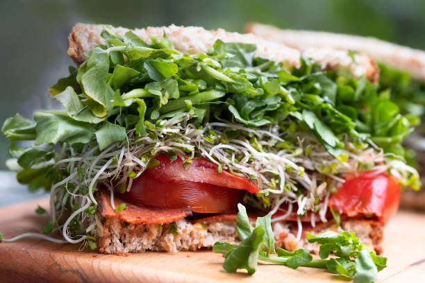 Vegan Bacon, Tomato, Watercress and Broccoli Sprout Multi-Grain Sandwich Closeup