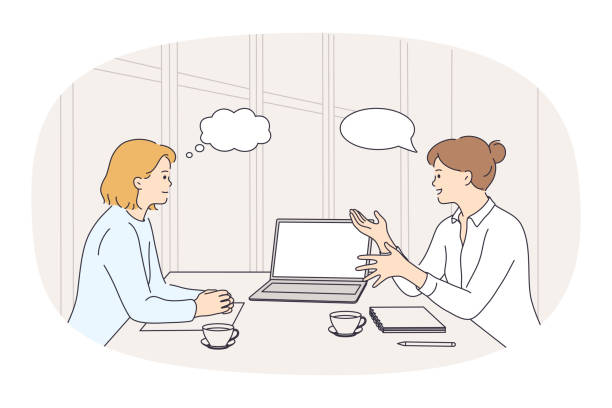 Businesswomen talk discuss ideas at office meeting vector art illustration