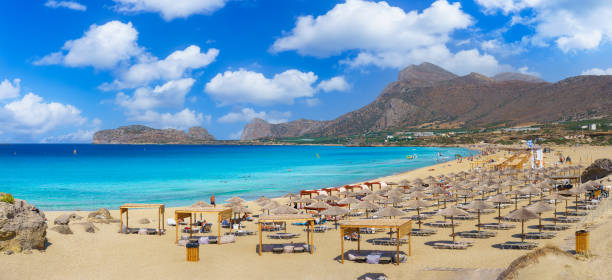 Agia Marina Beach with Agii Theodori island view in Chania, Crete. Greek Islands.