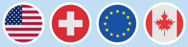 Flags of different countries. A set of stickers on a white backing. Collection of vector icons. Isolated background. USA, Switzerland, European Union, Canada. National symbol of the state. Political themes. Flags of different countries. A set of stickers on a white backing. Collection of vector icons. Isolated background. USA, Switzerland, European Union, Canada. National symbol of the state. Political themes. Flat style. Idea for web design, sticker. strategic themes stock illustrations