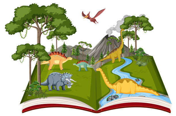 istock Book with scene of dinosaurs in the forest 1387209496
