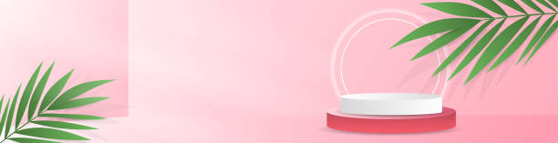 istock Banner Pink and white podium with leaf palm trees in Valentine's Day on pink background , Flat Modern design , illustration Vector EPS 10 1387211050