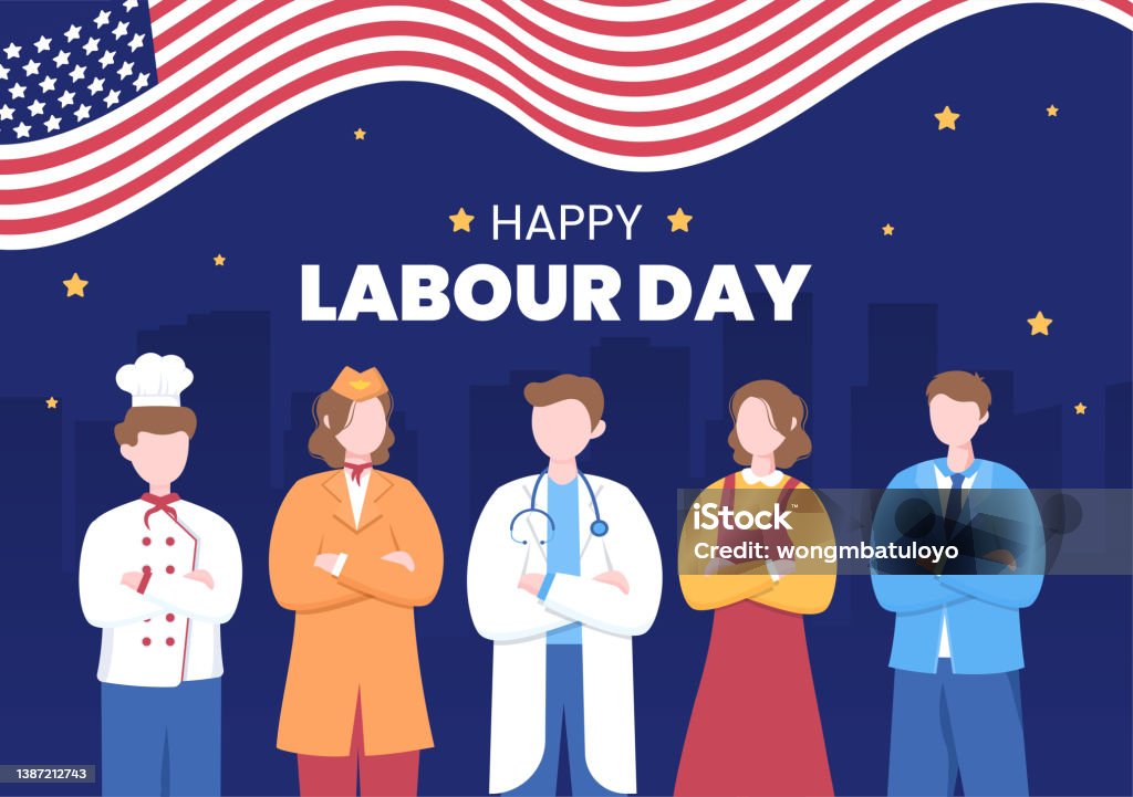 Happy Labor Day from People of Various Professions, Different Background and Thanks to Your Hard Work in Flat Cartoon Illustration for Poster - 免版稅幸福圖庫向量圖形