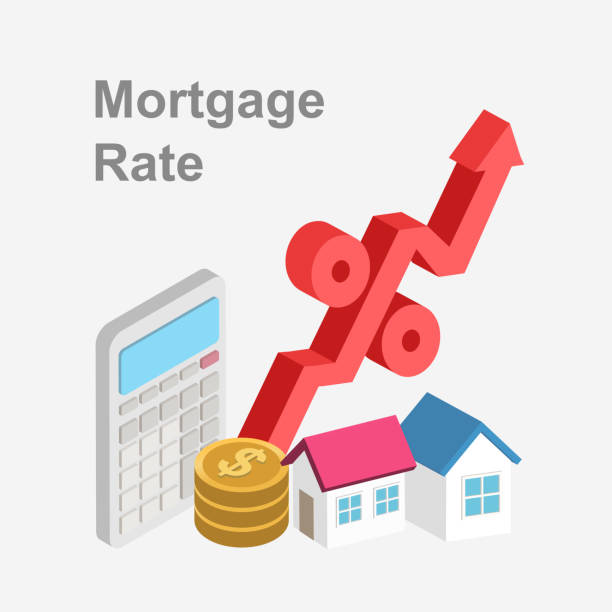 ilustrações de stock, clip art, desenhos animados e ícones de interest rate hike due to inflation percentage rising up, fed, federal reserve or central bank monetary policy. the concept of increasing the cost of housing. high demand for real estate. the growth of rent and mortgage rates. - mortgage rates