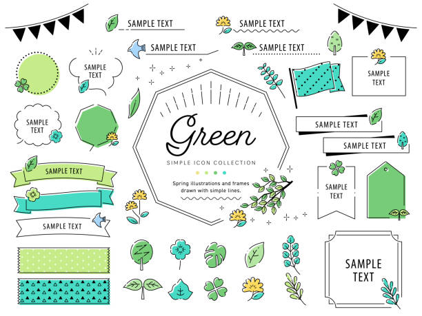 ilustrasi dan bingkai daun hijau digambar dengan garis sederhana. hijau segar, awal musim panas, tanaman, alam, dll. (terjemahan teks: "hijau", "teks sampel", "bingkai") - panorama komposisi ilustrasi stok