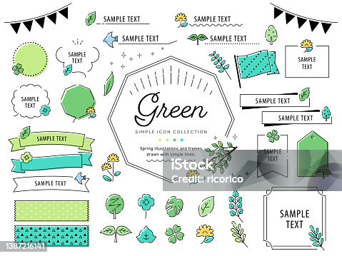 istock Green leaves illustrations and frames drawn with simple lines. Fresh green, Early Summer, Plants, Nature, etc. (Text translation: “Green”,  “Sample text”, “Frame”) 1387216141