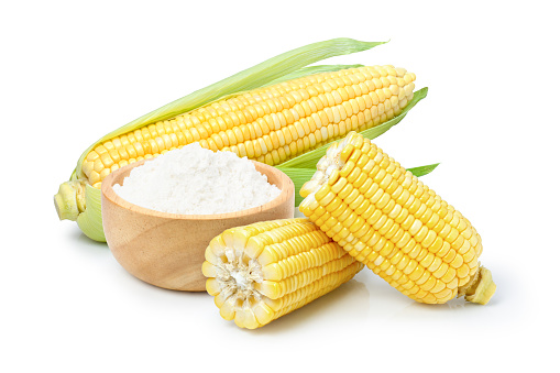 Corn powder (corn flour) in wooden bowl and fresh sweet corn isolated on white background.