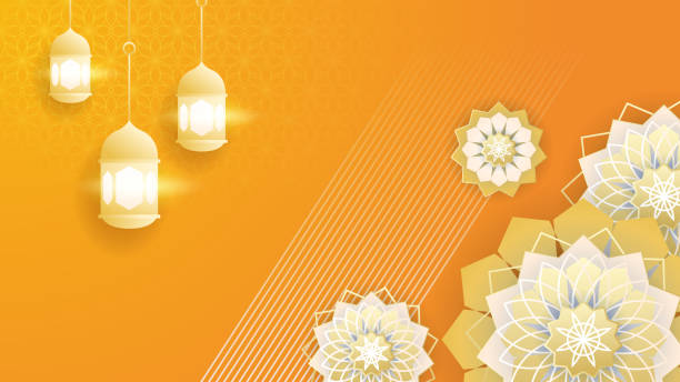 istock beautiful realistic mandala with hanging lantern Orange colorful Islamic design background 1387216761