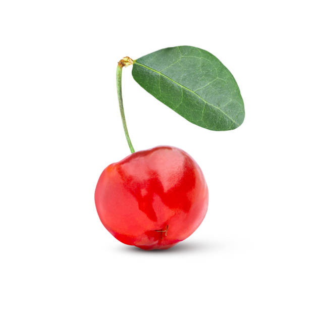 istock acerola cherry with green leaf isolated on white 1387216823