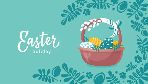Vector illustration of Easter holiday. Easter basket with colored eggs. Advertising banner.