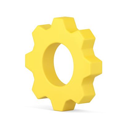 Yellow machine gear wheel cogwheel 3d vector illustration. Simple badge engine engineering motion isolated on white. Industrial technology equipment machinery technology progress development