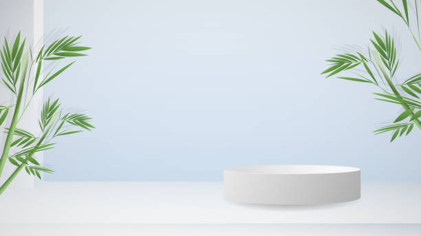 istock Product display with white podiums and bamboo leaves and tropical  blue background fresh mind , illustration 3d Vector EPS 10 1387217015