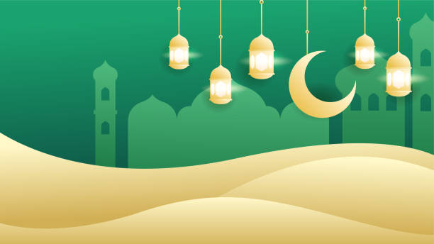 istock beautiful realistic hanging lantern green colorful Islamic design background 1387218204