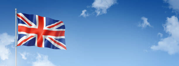 British flag isolated on a blue sky. Horizontal banner stock photo