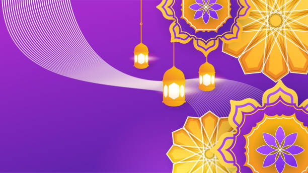istock beautiful realistic mandala with hanging lantern purple Orange colorful Islamic design background 1387219818
