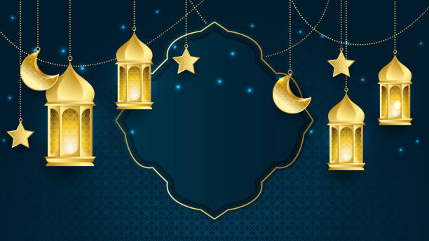istock Beautiful realistic luxury blue gold Islamic ramadan kareem design background with mandala pattern, hanging lantern, moon, and star. 1387220707