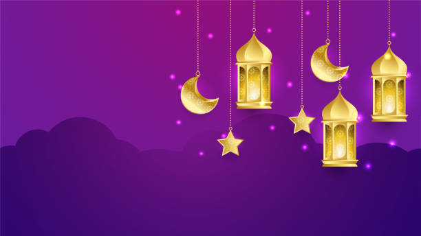 istock Ramadan Kareem vector card with 3d golden metal crescent and stars. Arabic style arch in purple color with traditional pattern. 1387220988