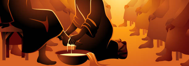 Jesus washing apostles feet Biblical vector illustration series, Jesus washing apostles feet Worshipper stock illustrations