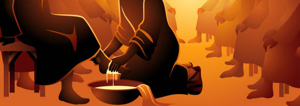 Jesus washing apostles feet Biblical vector illustration series, Jesus washing apostles feet christ the redeemer stock illustrations