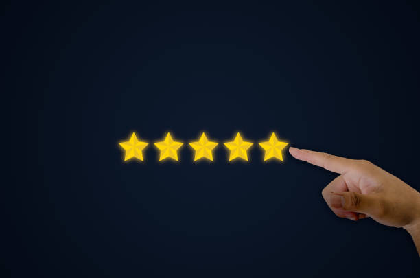 istock Customer concept excellent service for satisfaction five star rating with business man touch screen.feedback and positive customer reviews. 1387222165