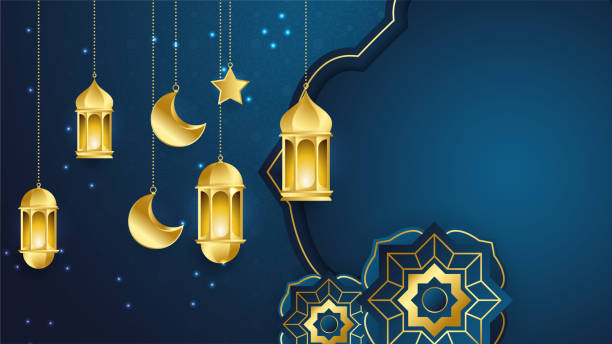 istock Beautiful realistic luxury blue gold Islamic ramadan kareem design background with mandala pattern, hanging lantern, moon, and star. 1387222581
