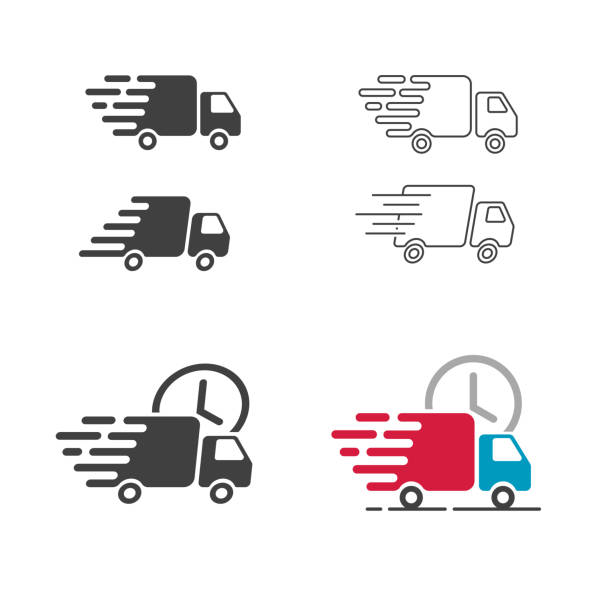 ilustrações de stock, clip art, desenhos animados e ícones de delivery truck vehicle icon vector or lorry cargo car van for freight courier transit pictogram line outline art and flat symbol isolated, commercial fast shipping business service automobile - truck moving van white backgrounds