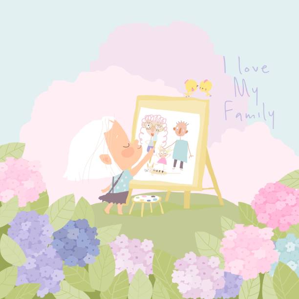 illustrazioni stock, clip art, cartoni animati e icone di tendenza di cartone animato bambina dipinto ritratto di famiglia sul prato dei fiori - bird spring family cartoon
