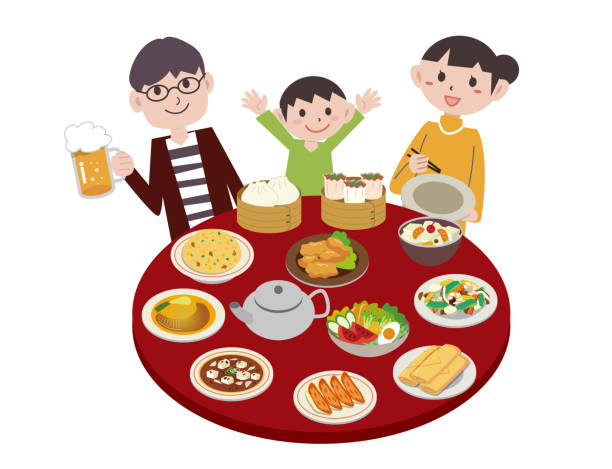 Chinese food table round table Vector illustration chinese cuisine fried rice asian cuisine wok stock illustrations