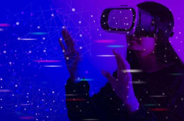 woman wearing VR glasses touch virtual screen metaverse technology global internet connection virtual social network.