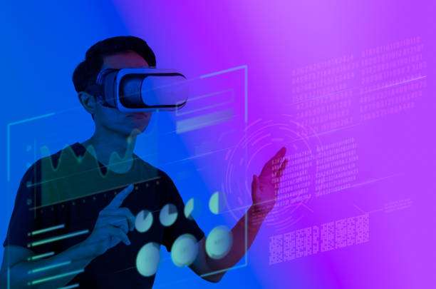 istock man wearing VR glasses touch virtual screen metaverse technology global internet connection virtual social network. 1387224326