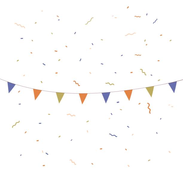 Flag paper garland and party confetti flying on white background. Birthday, carnival decoration hanging and falling. Festive ornament for happy holidays. Isolated colored flat vector illustration Flag paper garland and party confetti flying on white background. Birthday, carnival decoration hanging and falling. Festive ornament for happy holidays. Isolated colored flat vector illustration. pendant stock illustrations
