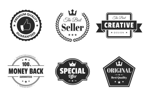 ilustrações de stock, clip art, desenhos animados e ícones de set of black badges and labels - design elements - crown black banner white