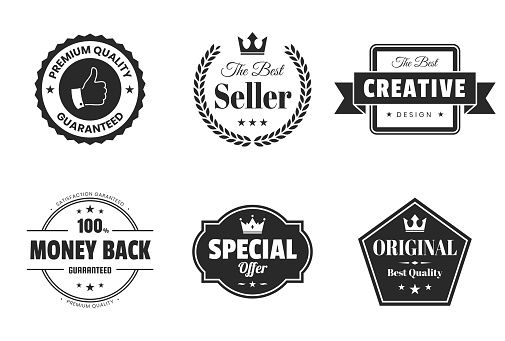 Set of 6 Black badges and labels, isolated on white background (Premium Quality - Guaranteed, The Best Seller, Creative - The Best Design, Money Back - 100% Guaranteed, Special Offer, Original - Best Quality). Elements for your design, with space for your text. Vector Illustration (EPS10, well layered and grouped). Easy to edit, manipulate, resize or colorize.