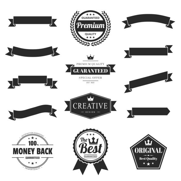 블랙 리본, 배너, 배지, 라벨-디자인 요소에 흰색 배경 세트 - scroll shape old fashioned retro revival black stock illustrations