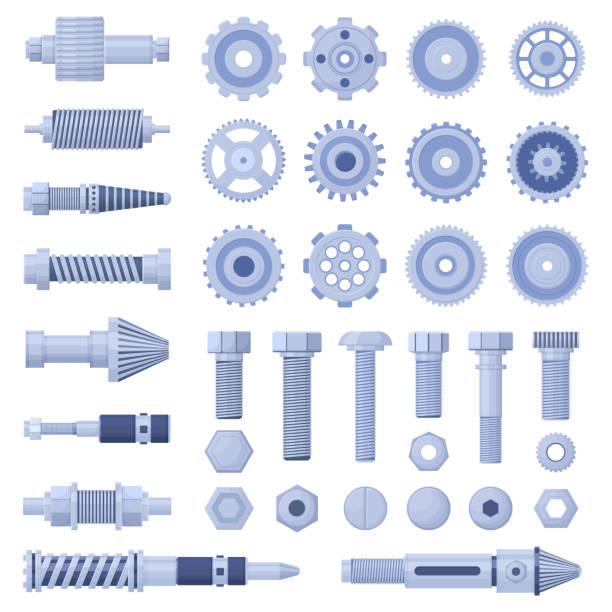 illustrations, cliparts, dessins animés et icônes de poulie industrielle de moteur mécanique, vis, crémaillère de boulon et roue dentée. pièces de machines hydrauliques, vis et écrous illustration vectorielle. boulons et engrenages de machines - work tool bolt nut symbol