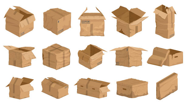 ilustrações de stock, clip art, desenhos animados e ícones de damaged carton cardboard boxes, crumpled delivery package. broken, wet, torn carton delivery boxes vector illustration set. carton damaged cardboard package - stack damaged