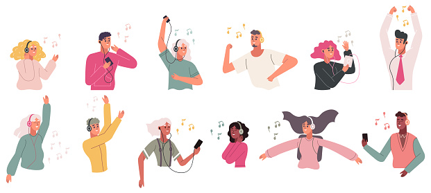People listening music in earphones and headphones. Happy human character enjoying audio vector illustration set. Adults dancing in headphones. Young leisure and attractive entertainment